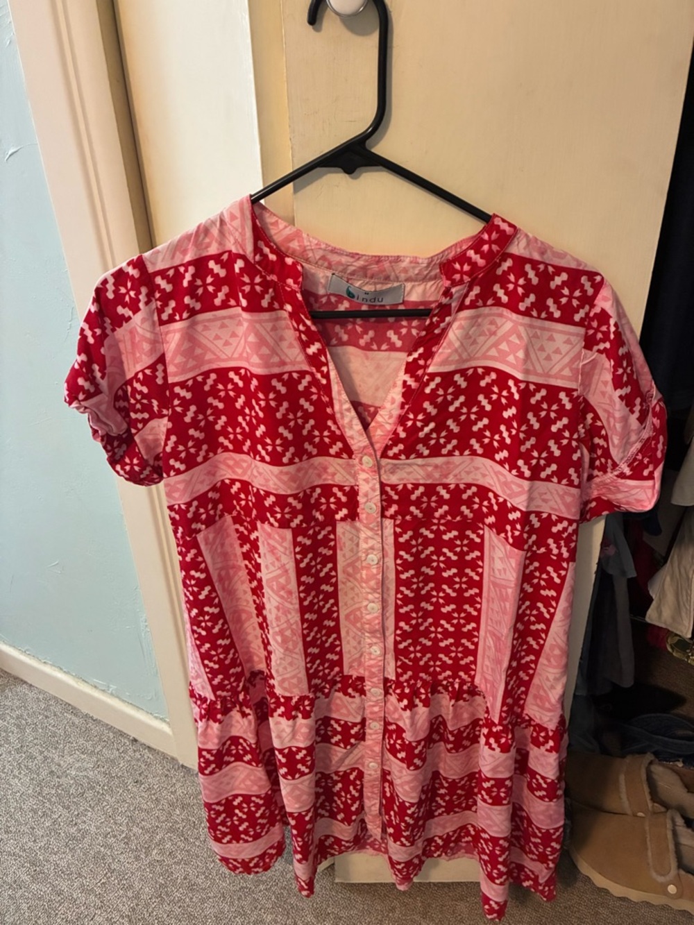 Bindu Red and Pink Patterned Button-Front Dress casual summer